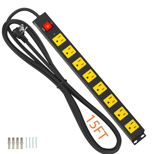 8 Outlet Power Strip 2100J Surge Protector, 15FT Heavy Duty Extension Cord Wide Spaced Outlet and Wall Mount Metal Powerstrip for Home Office Garage Workshop - 15 FT