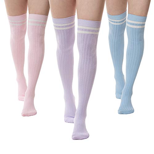 SERICI Thigh High Socks | Womens Striped Cotton Thigh High Tube Sock | Over Knee Boot Socks - Pastels With Stripes