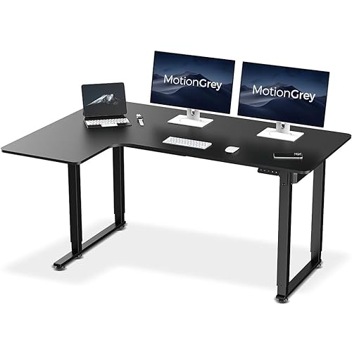 MotionGrey - 63 Inch L Shape Electric Motor Height Adjustable Standing Desk, Commercial Office Ergonomic Stand Up Desk, Adjustable Sit Stand Desk Stand - Black Frame Dual Motors Left Side Table Top - 63-Inch L Shaped - Black