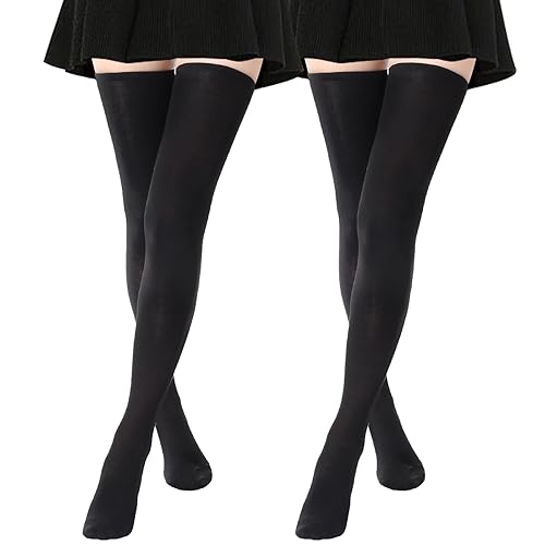 AQOKKA Thigh High Socks Extra Long Femboy Thigh High Stockings Striped Socks Knee High Socks for Women Girls Leg Warmers - Extra Long Size - 2 Pairs Extra Long: 2 Black