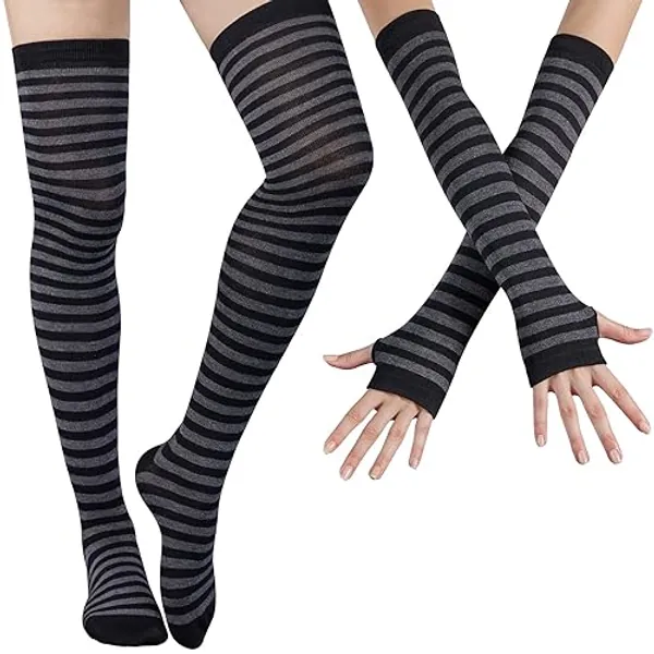 DRESHOW Women Rainbow Socks Striped Knee High Socks Long Arm Warmer Fingerless Gloves Set Thumb Hole Gloves