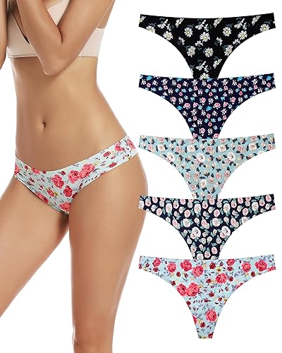 voenxe Seamless Women Underwear Thongs,No Show Ladies Thong,No Line Breathable Comfortable Panties Undies for Women 5-Pack - Small - A-5 Pack Floral Design