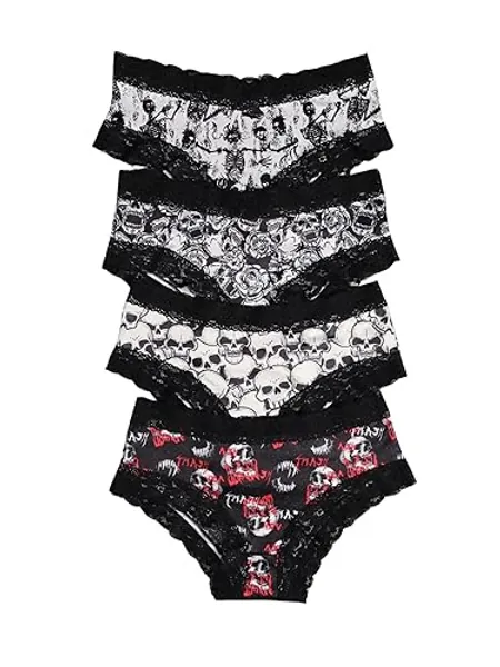 WDIRARA Women's 4 Pieces Gothic Lace Hipster Panties Set Low Rise Halloween Skull Underwear