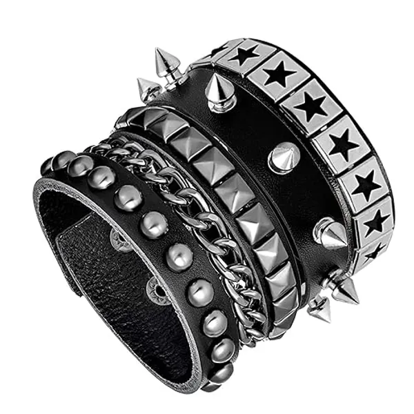 Tosmifairy 3 Pieces Punk Rock Leather Bracelets for Women Pop 80s 90s Emo Jewelry Accessories Retro Spiked Adjustable Wrap Wrist Cuffs