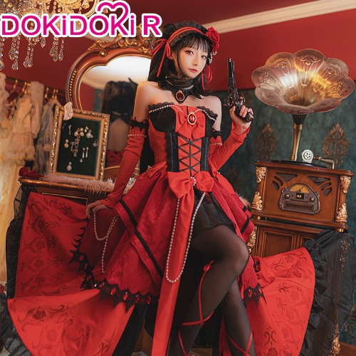 DokiDoki-R Anime Date A Live Cosplay Tokisaki Kurumi Cosplay Costume Pigeon Blood Ruby Dress Ver. | S