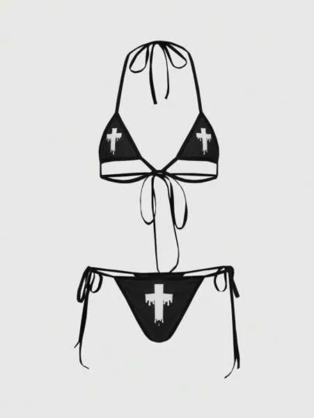 ROMWE Goth Cross Pattern Side Bind Sexy Lingerie Set