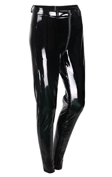 Sorrica Women's Sexy Shiny Faux Leather Gothic Punk Wet Look Legging Pants Front Zipper - Large Black