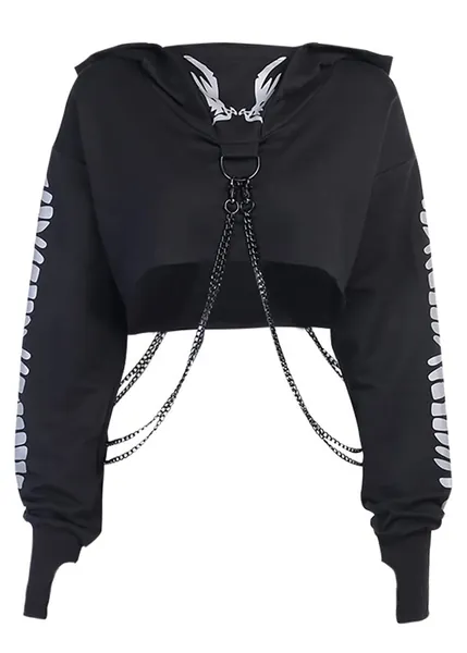 Women's Gothic Punk Dragon Print Long Sleeve Iron Chain Hoodie Sweater Goth Black Hoodies Top