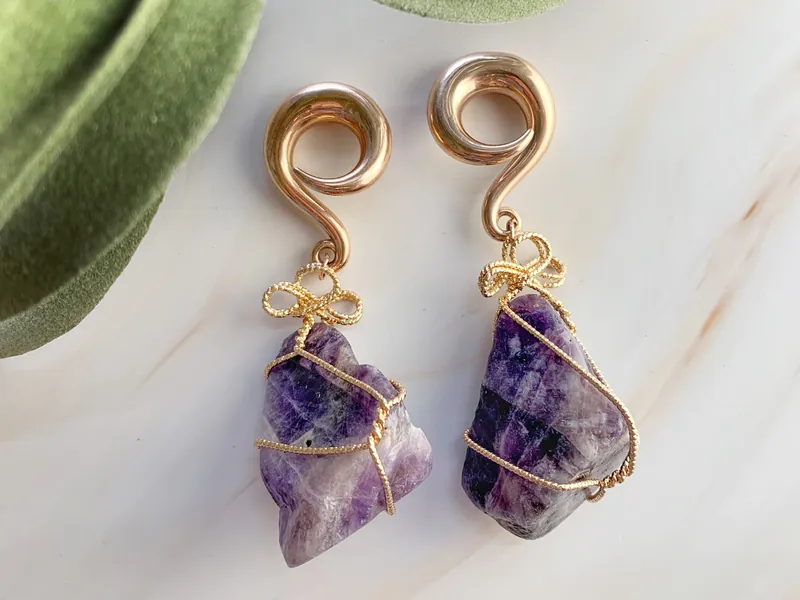 Raw Amethyst Wrap Ear Weights - Crystal Dangle Drop Plugs - 6G 2G 0G 00G - Gemstone Wedding Gauges - Gemstone Gauges