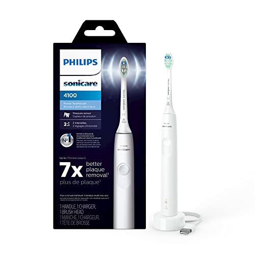 PHILIPS Sonicare 4100 Power Toothbrush, Rechargeable Electric Toothbrush with Pressure Sensor, White HX3681/23 - White - New 4100