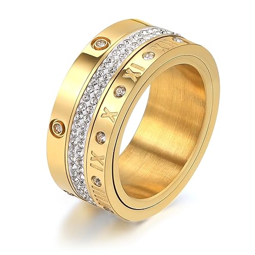 Anxiety Fidget Ring Love Friendship Gold Rings for Women 14K Gold Plated Titanium Steel Dainty Cubic Zirconia Rings Stacking Bands 3 In 1 Spinner Rings for Men Valentines Day Mother's Day Christmas Day Best Gifts - Gold - 7