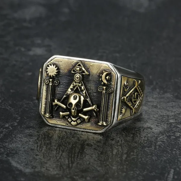 Freemason Sterling Silver Skull Masonic Ring - 925 Silver / 13