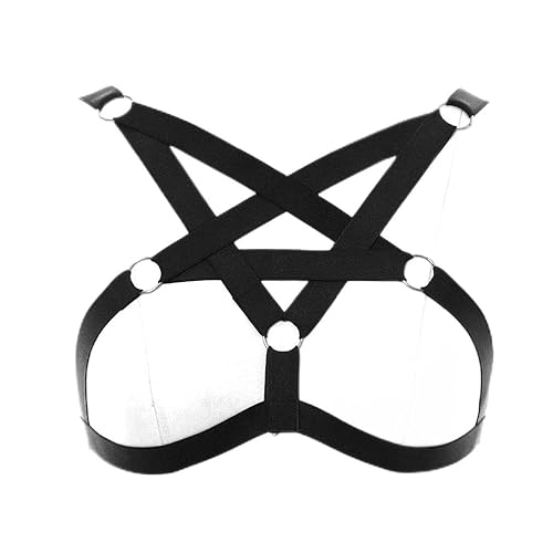 Pentagram Body Gothic Harness for Women Halloween Bra Top Chest Strap Belt Lingerie cage Punk Plus Size Festival Rave (Black-O0212)