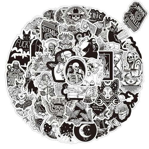 Black and White Goth Stickers,50 Pcak Cool Skull Vinyl Waterproof Stickers for Laptop,Bumper,Water Bottles,Computer,Phone,Hard hat,Cool Stickers,Car，Rapper Stickers,Autocollant Enfant
