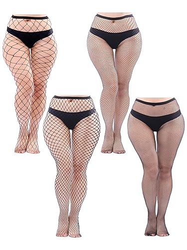 URATOT 4 Pairs Plus Size Fishnet Cross Mesh Tights Sexy Fishnets Pantyhose Stockings Thigh High Stockings - X-Large-4X-Large - Black