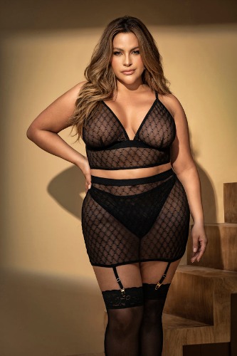 Mapale 8776X Noelle Geo Sheer Three Piece Lingerie Set Plus Size - 3/4X / Black