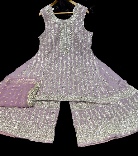 Georgette based sequined and embroidery work kameez with sharara pants and netting dupatta 