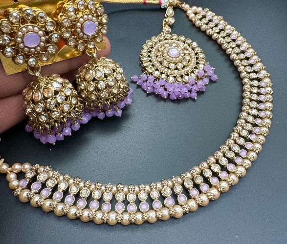 Polki stones with pearls beaded work beautiful necklace with earrings and tikka set | Lavender