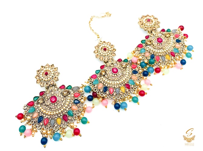 Multicoloured polki stone with pearls earrings with tikka set