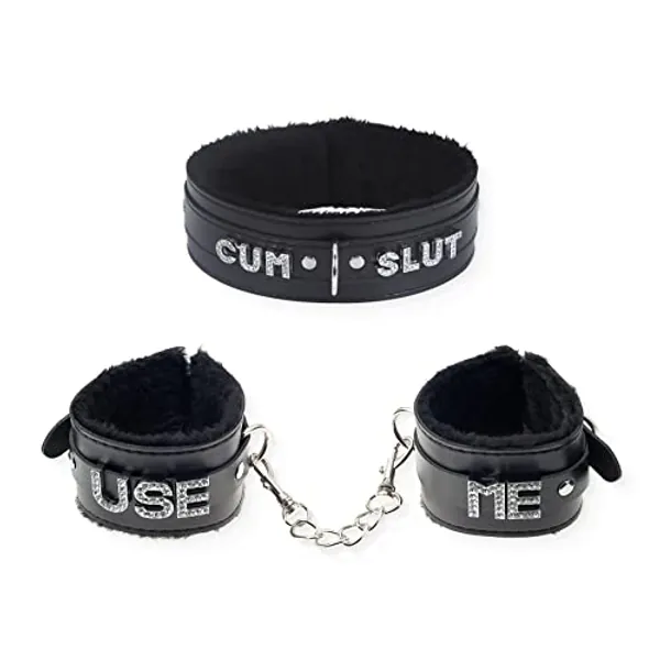 paloli Pink Fluffy Letter Choker Necklace With Handcuffs, Handmade Leather Adjustable Collar With Soft Plush Cuffs For Women