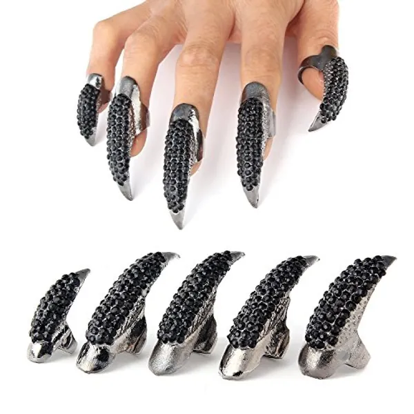 10 PCS Halloween Costume Claws Fake Nails Ring Set, Bestga® Gothic Punk 3 Sizes Crystal Full Finger Rings Paved Paw Bend Fingertip Fingernail Claw Girls Women Men Ring False Easy Long Nails (Black)