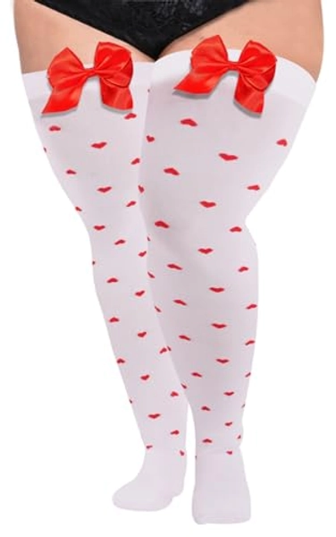 Moon Wood 3 Pairs Women Plus Size Bow Thigh Highs Stockings Opaque Over the Knee Socks for Valentine's Day Dress Daily Favors