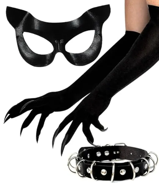 OLYPHAN Black Cat Mask Costume Accessories Cat Woman Costume for Women Halloween Masquerade Mask Adult, Spider Lace Gloves & Faux Leather Choker Necklace 3PC