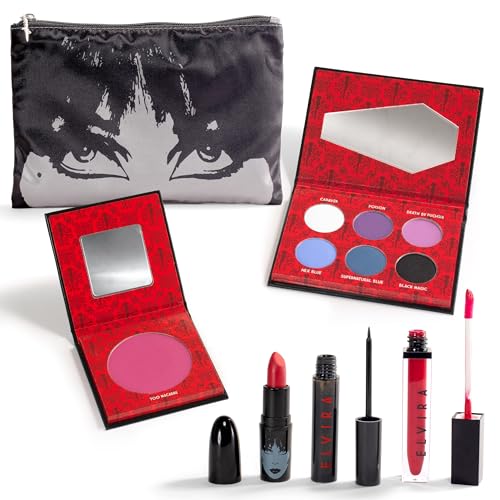 Rubie's Officially Licensed Elvira Makeup Kit - Complete Makeup Set Eyeshadow Palette, Lipstick, Lip Gloss, Black Eyeliner, Blush, Makeup Bag, Premium Halloween Make Up for Adults Costume Makeup Kit