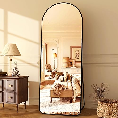 HARRITPURE 64"x21" Arched Full Length Mirror Floor Mirrors with Aluminum Alloy Frame Free-Standing Wall Mounted or Leaning Large Bedroom Dressing Mirror Modern & Contemporary Decor for Home,Black - Black-round Edge - 65"L x 22"W