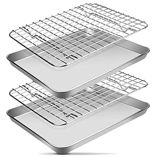 EMDMAK 4 Piece Baking Sheets with Cooling Rack Set, 10.5 x 8 x 1 Inch Stainless Steel Cookie Sheet and Wire Rack for Baking, Dishwasher Safe - 10.5 x 8 x 1 inch