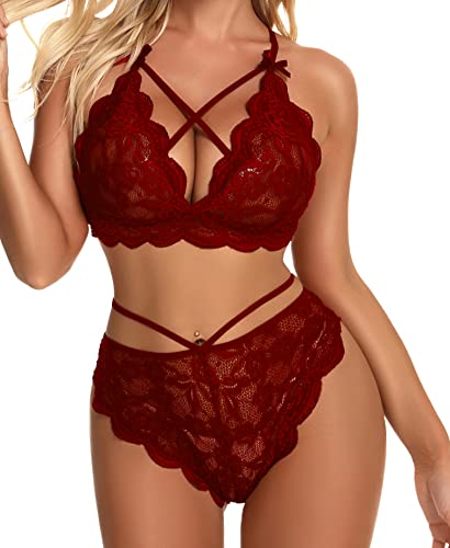 Namifin Women Lingerie Set Lace Bralette and Panty Set Strappy Lace Lingerie - XX-Large - Wine Red