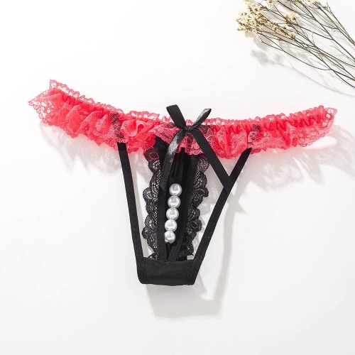 Crotchless Panties Transparent G-string Beads Underwear - Black / L