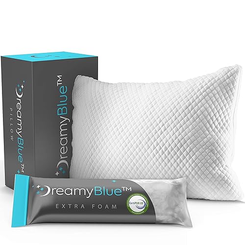 DreamyBlue Premium Pillow for Sleeping - Shredded Memory Foam Fill [Adjustable Loft] Washable Cover from Bamboo Derived Rayon - for Side, Back, Stomach Sleepers - CertiPUR-US Certified (Queen) - Queen (Pack of 1)