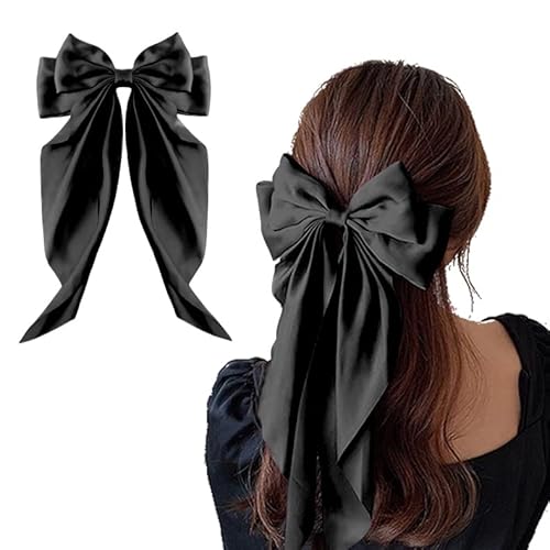 Silky Satin Bowknot Clips for Women Girls White Black Red Bow Clips Large Hair Bows Accessories for Women Girls Hair Bow Ribbons for Hair (Black) - Black