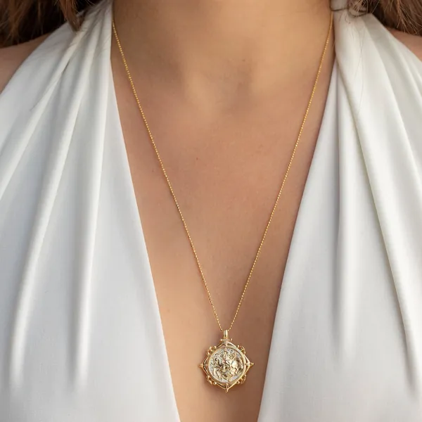 14k Solid Gold Coin Pendant | Ancient Style Pendant with Bead Chain | Yellow Gold Handcrafted Necklace | Ancient Rome Inspired Jewelry