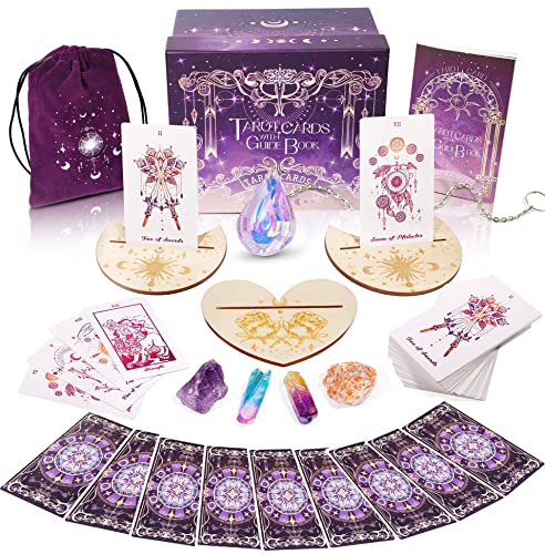 TIRLANO 78 Tarot Cards with Guide Book - Tarot Deck Gift Set with Tarot Cloth, Chakra Stones & Tarot Bag, Purple Tarot Cards Fortune Telling Game Craft Cardboard for Beginners and Expert Readers