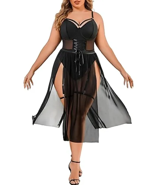 Avidlove Sexy Plus Size Lingerie Set for Women Sexy Bodysuit with High Slit dress and Garter Belt L-5XL - Black - Large