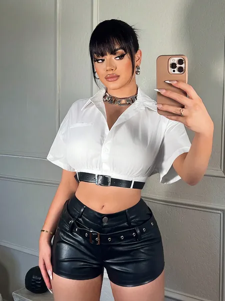 SHEIN SXY Summer Casual Black Belted Cropped Shirt