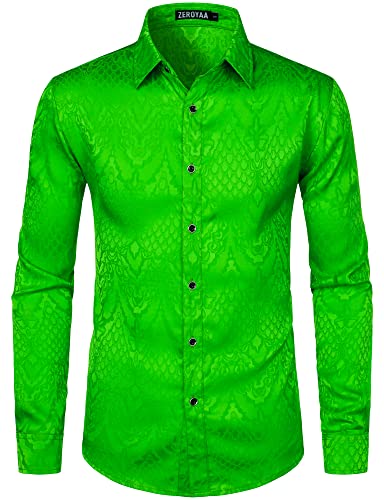 ZEROYAA Slim Fit LS Jacquard Button Front Shirt, Fluorescent Green S