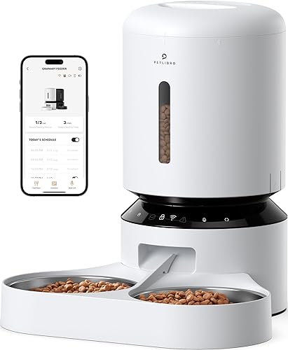PETLIBRO Automatic Cat Feeder, 5G WiFi Pet Feeder for Two Cats or Dogs with Remote Control, 5L Cat Food Dispenser with Low Food Sensor, 1-10 Meals Per Day, Up to 10s Meal Call for Pets - White