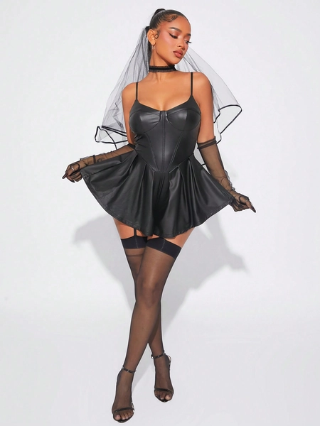 SHEIN SXY Traje de Halloween/Festa/Reunião, Macacão de balé estilo bustiê de PU preto