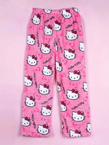 Sanrio Licenciado pela Sanrio, Calça de Pijama Feminina Grossa de Flanela Estampada com Personagem Fofo Hello Kitty, Rosa Fucsia Morna Casual para Uso Doméstico, Adequada para Primavera e Outono, Estampa Cartoon, Presente de Festa na Moda, Presente para Amigos, Namorada, Namorado, Volta às Aulas, Ação de Graças, Natal, Halloween