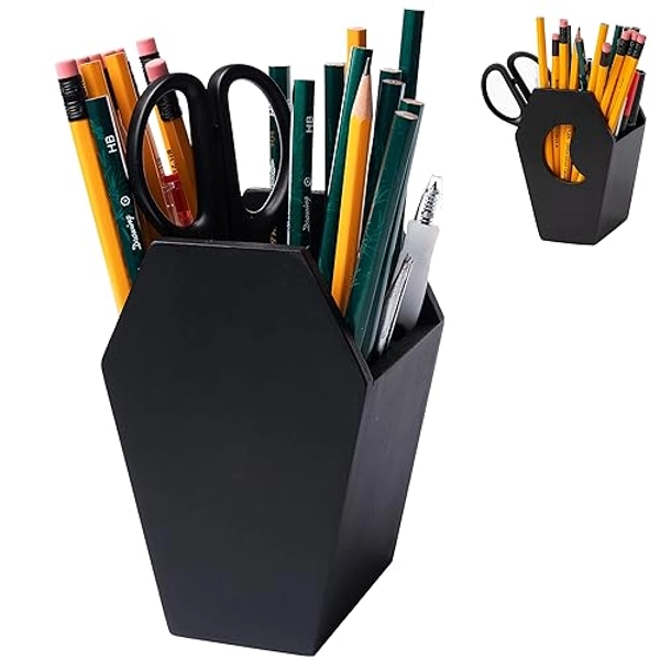 IRISVITA Small Coffin Pen Holder for Desk (Redesigned), Spooky Makeup Brush Holder, Gothic Decor for Home, Black Pencil Holder for Desk, Goth Room Decor, Mini Goth Vanity Organizer