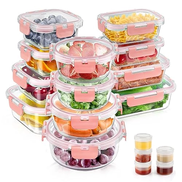 34pcs Glass Food Storage Containers with Lids Set, Airtight Glass Meal Prep Containers (17 Containers & 17 Lids), Leak Proof Lunch Containers BPA-Free, Microwave, Oven, Freezer, Dishwasher Safe-Pink