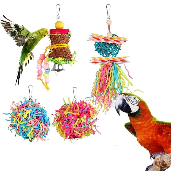 4pcs/set Bird Parrot Shredding Toys Chewing Foraging Hanging Cage Paper Strings