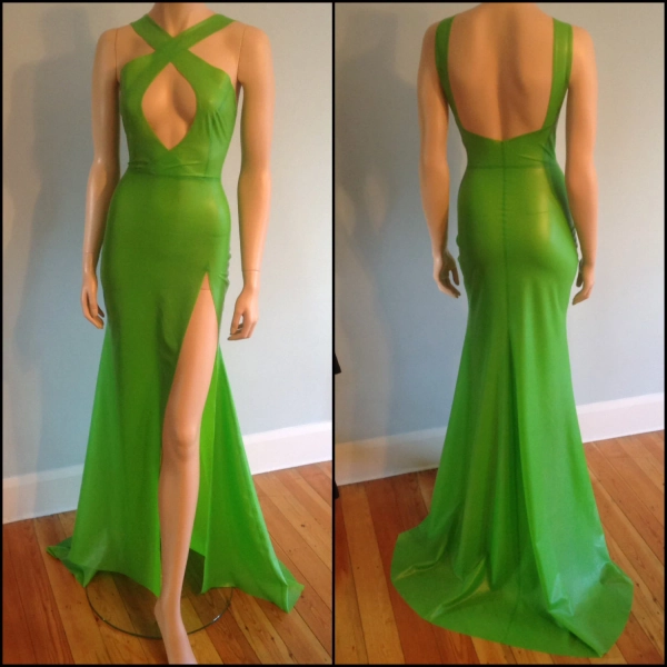 Floor Length Latex Gown with Cross-Over Bust