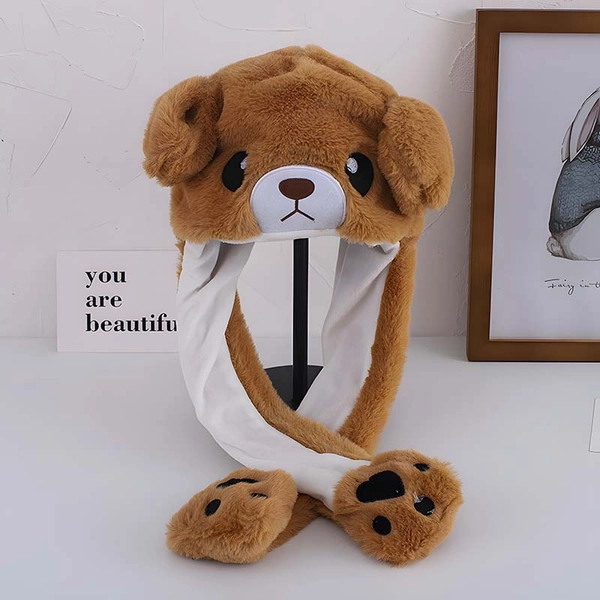 Plush Bear Hat with Movable Ears Cute Brown Bear Beanie