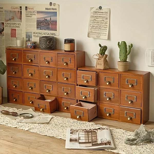 16 drawer retro wooden drawer cabinet multi layer desk - Temu 