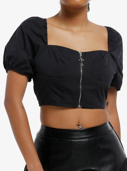 Cosmic Aura Black Cross Charm Girls Zippered Crop Top - M