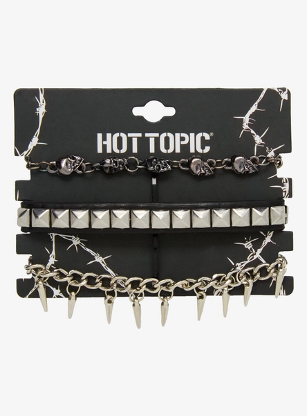 Pyramid Stud Skull Spike Bracelet Set